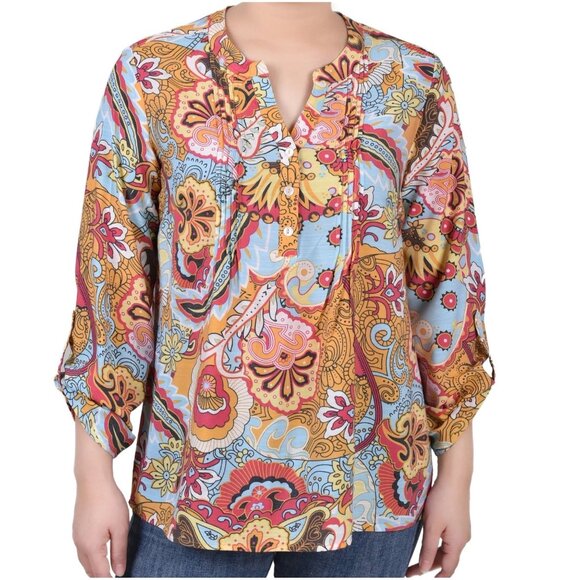Notations Tops - Notations Popover Blouse 2X Paisley Colorful Whimsical Boho Artsy Casual